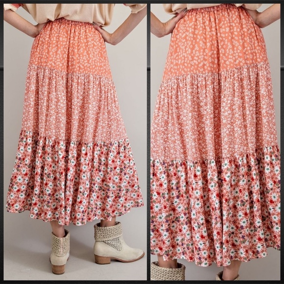 EASEL Mixed Floral Print Midi or Maxi Cottagecore Tiered Prairie Skirt W/Lining - Picture 2 of 16